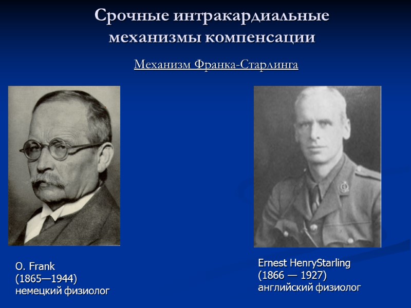 Срочные интракардиальные  механизмы компенсации Механизм Франка-Старлинга  Ernest HenryStarling (1866 — 1927) 